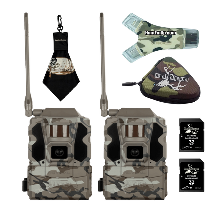 Tactacam Reveal X Ultra 3.0 Cellular Trail Camera 2-Pack with HEU 32GB SD Cards, Card Reader with case & Cleaning Cloth – HuntEmUp Bundle