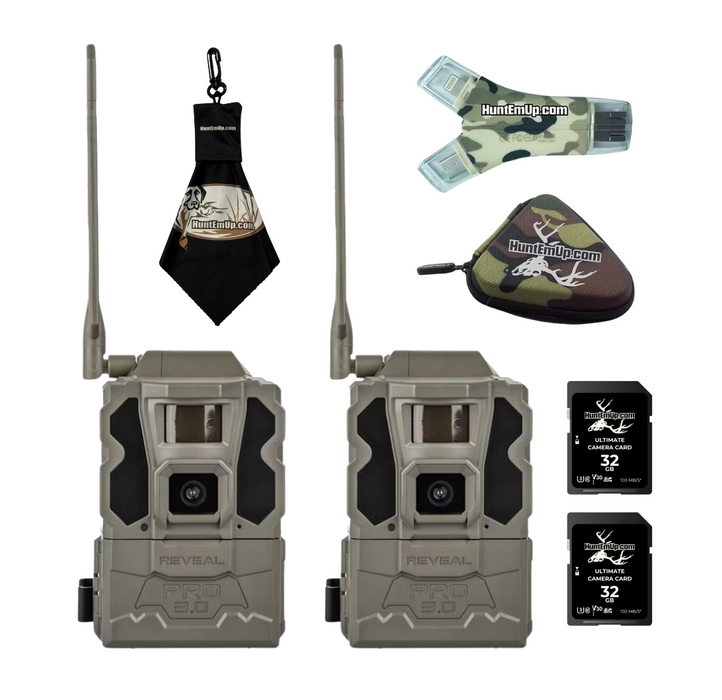 Tactacam Reveal Pro 3.0 Cellular Trail Camera 2-Pack with HuntEmUp 32GB SD Cards, Card Reader with case & Cleaning Cloth