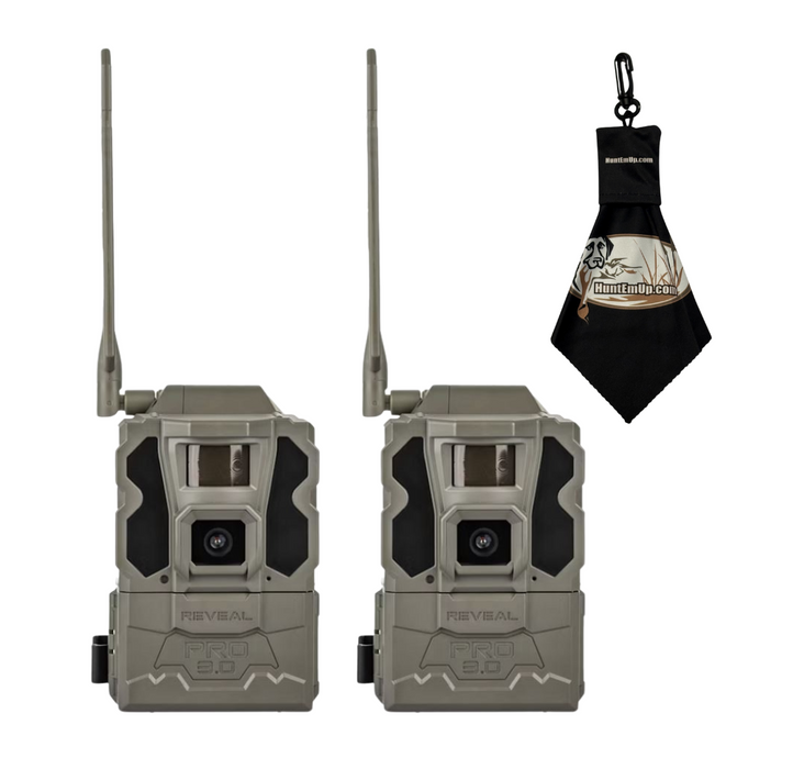 Tactacam Reveal Pro 3.0 Cellular Trail Camera 2-Pack with HuntEmUp Cleaning Cloth – No-Glow IR, On-Demand Video, GPS, Multi-Network
