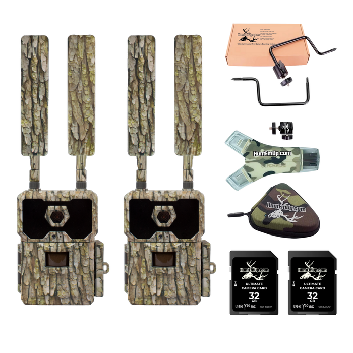 HuntEmUp wiseeye 2pk trail camera DC2 with universal HEU mounts and accessories