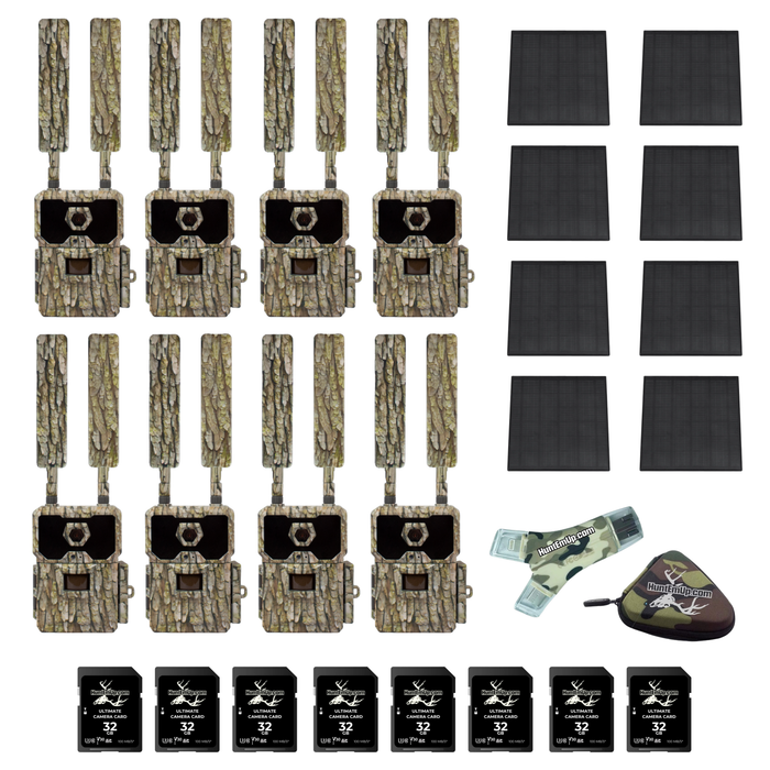 HuntEmUp and WiseEye Solar 8pk bundle with trail cameras, SD Cards, and panels