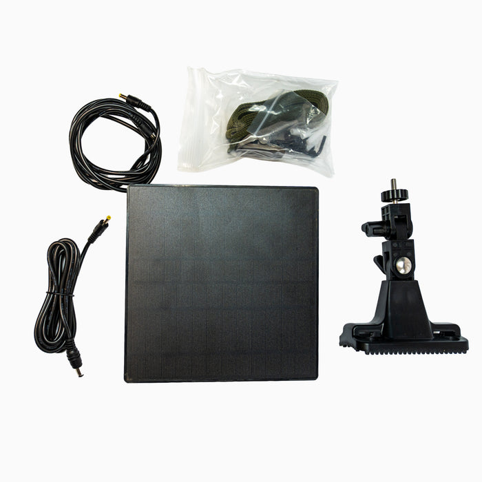 WiseEye solar panel with accessories - Includes 1.7mm x 1.7mm and 1.7mm x 2.1mm power cables