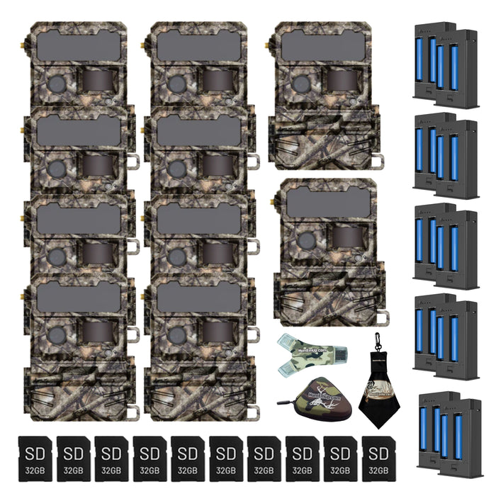 yellowstone.ai Y2 trail camera power bundle 10 pack with rechargeable lithium battery, sd card, mounting strap, card reader, case, and microfiber cleaning cloth
