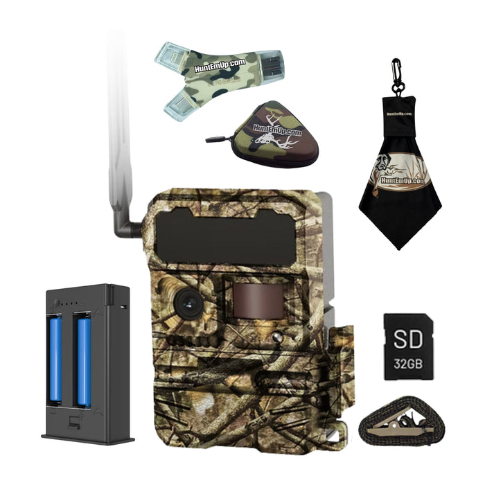 yellowstone.ai Y2 trail camera power bundle with rechargable lithium battery, sd card, mounting strap, card reader, case, and microfiber cleaning cloth