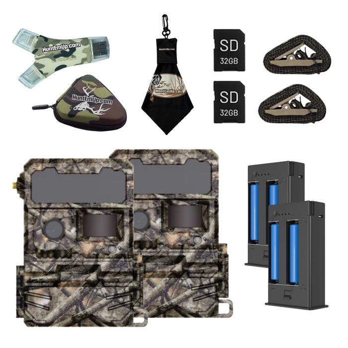 yellowstone.ai Y2 trail camera power bundle 2 pack with rechargeable lithium battery, sd card, mounting strap, card reader, case, and microfiber cleaning cloth