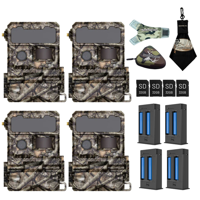 yellowstone.ai Y2 trail camera power bundle 4 pack with rechargeable lithium battery, sd card, mounting strap, card reader, case, and microfiber cleaning cloth