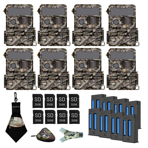 yellowstone.ai Y2 trail camera power bundle 8 pack with rechargeable lithium battery, sd card, mounting strap, card reader, case, and microfiber cleaning cloth