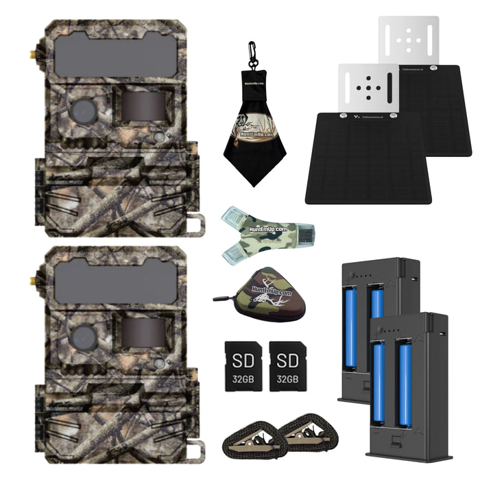 yellowstone.ai solar power bundle 2 pack with Y2 trail camera, solar panel, battery pack, card reader, case, microfiber cloth, and sd card