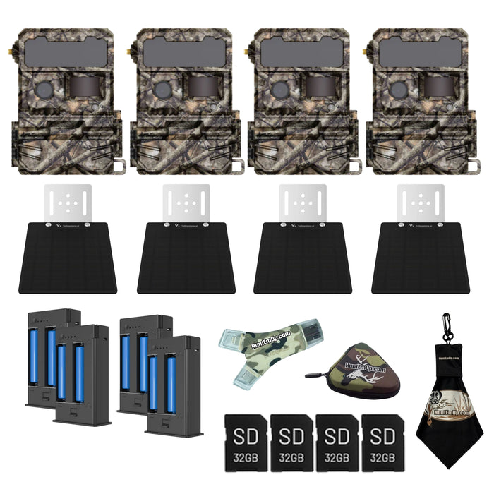 yellowstone.ai solar power bundle 4 pack with Y2 trail camera, solar panel, battery pack, card reader, case, microfiber cloth, and sd card