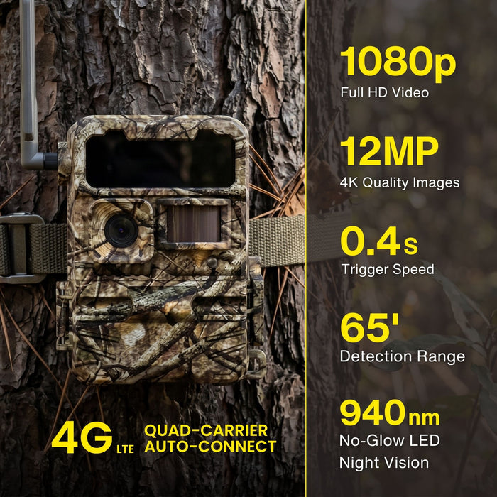 Y2 1080p full HD video, 12mp 4k quality images, 4G LTE auto connect quad carrier with no glow night vision