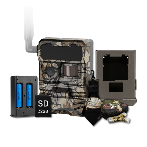 Camouflage trail camera with accessories on a white background