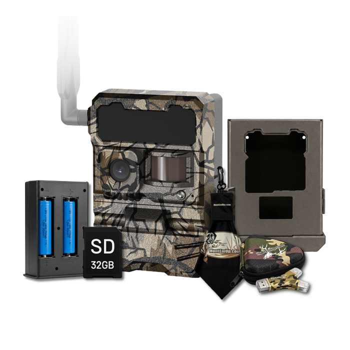 Yellowstone.ai Wide Lens Cellular Trail Camera Bundle with Metal Security Box, Rechargeable Lithium Battery, 32GB SD Card & HuntEmUp Accessories