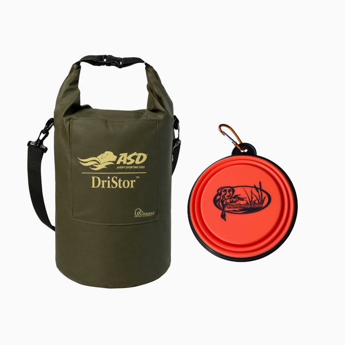 Avery DriStor Dog Food Storage Bag & HuntEmUp Collapsible Dog Bowl Bundle