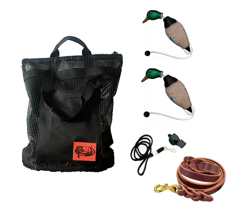 HuntEmUp Hunting Dog Essentials Training Kit - Mesh Bumper Storage Bag + Dead Fowl Mallard Dummy 2pc + Whistle & Lanyard + Braided Leather Leash