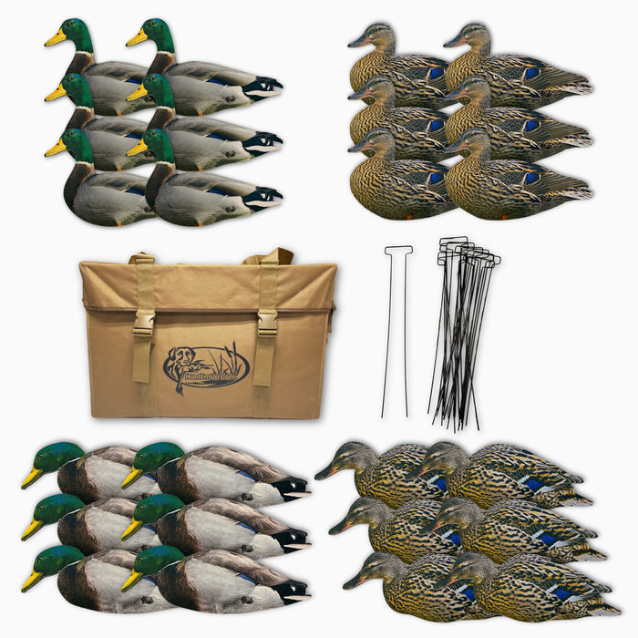 HuntEmUp Duck Silhouette Decoys with Premium Decoy Bag | Matte & Pro-Flocked | 24-Pack Mallard Duck Hunting Decoys with 24 Heavy-Duty Metal Stakes
