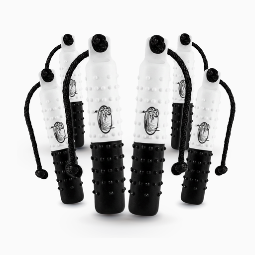 huntemup 2inch standard flasher knobby plastic dog training bumper for retrievers. throw rope with valve. 6pack bundle black and white