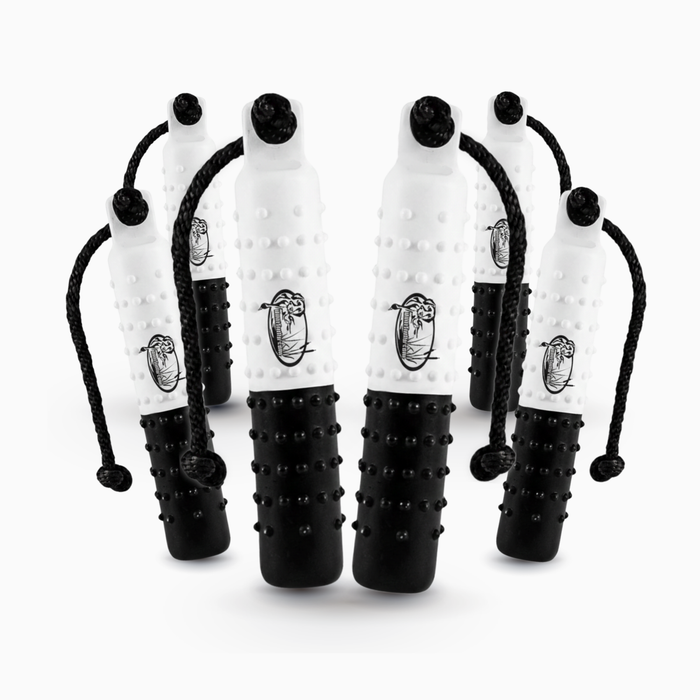 huntemup 2inch standard flasher knobby plastic dog training bumper for retrievers. throw rope with valve. 6pack bundle black and white
