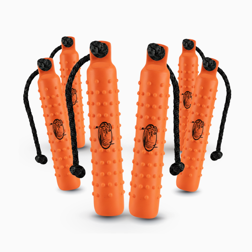 huntemup 2inch standard orange knobby plastic dog training bumper for retrievers. throw rope with valve. 6pack bundle