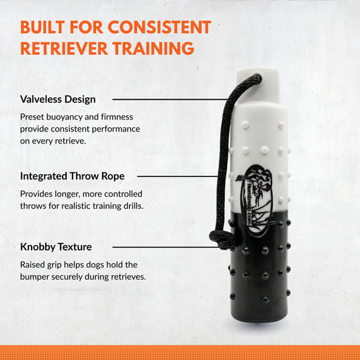 huntemup dog training bumper, black and white, 3inch large with knobby texture, throw rope and valve