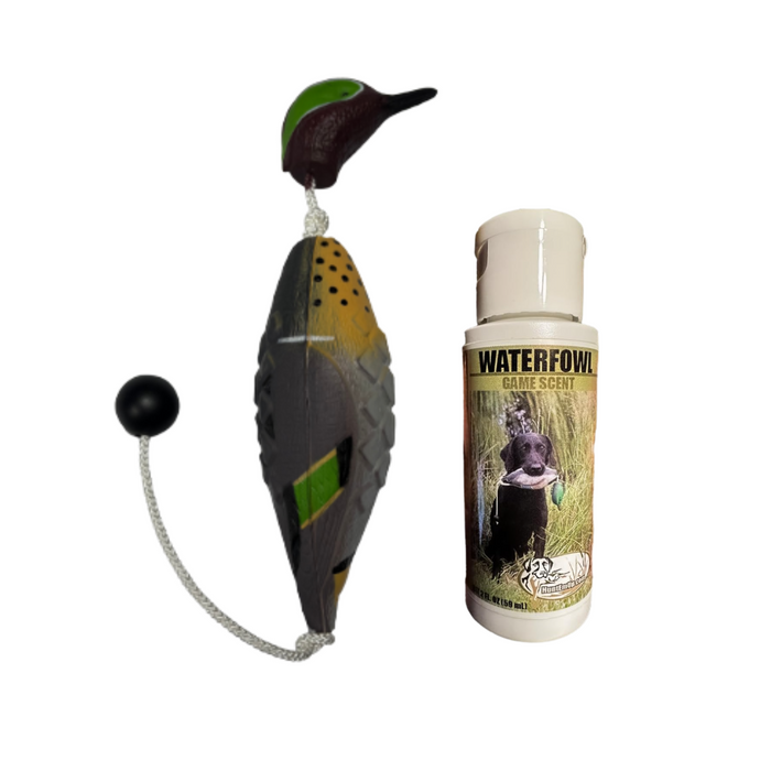 HuntEmUp Green Winged Teal Training Bundle - Dead Fowl Green Winged Teal Dummy & Concentrated Waterfowl Dog Training Scent