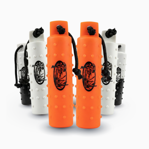 huntemup large 3inch Tri-Pack 6 dog training bumpers. white, orange, flasher with throw ropes, valves, and knobby texture