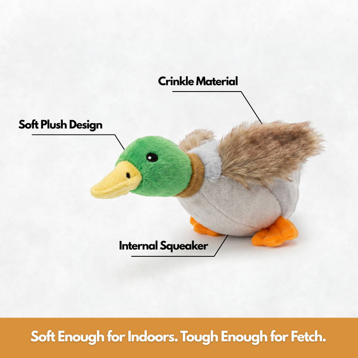mallard dog toy with crinkle wings, internal squeaker, soft plush for all breeds