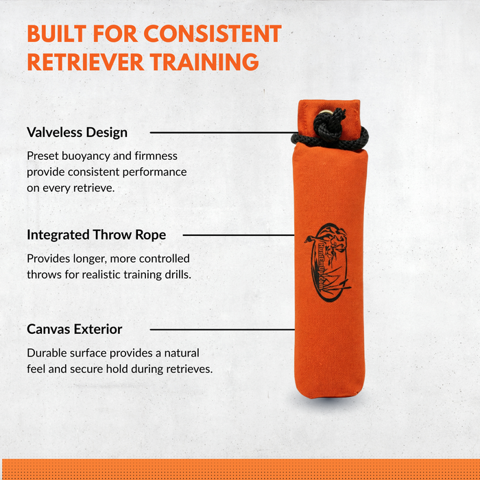 huntemup orange canvas bumper, valveless, with durable exterior and throw rope