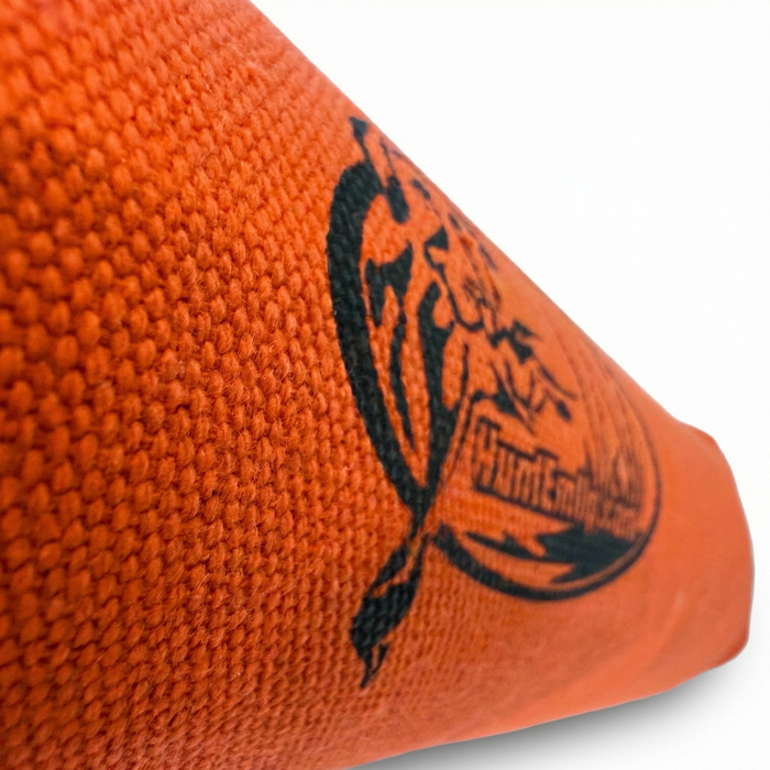 huntemup orange canvas dummy with throw rope. Retriever bumper