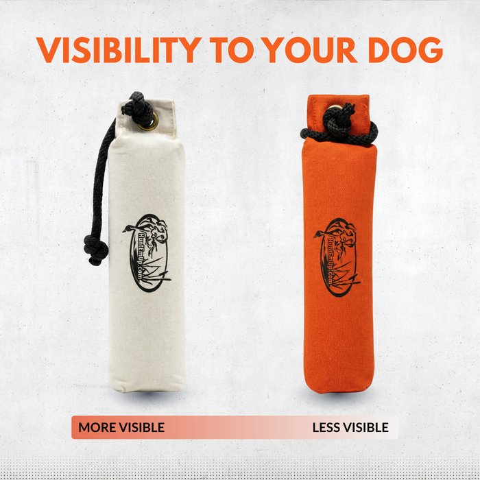 huntemup orange and white canvas throwing bumper, high visibility with throw ropes and durable outside