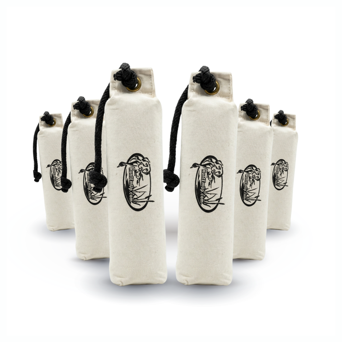 huntemup white canvas retriever training bumper with throw ropes 6pack