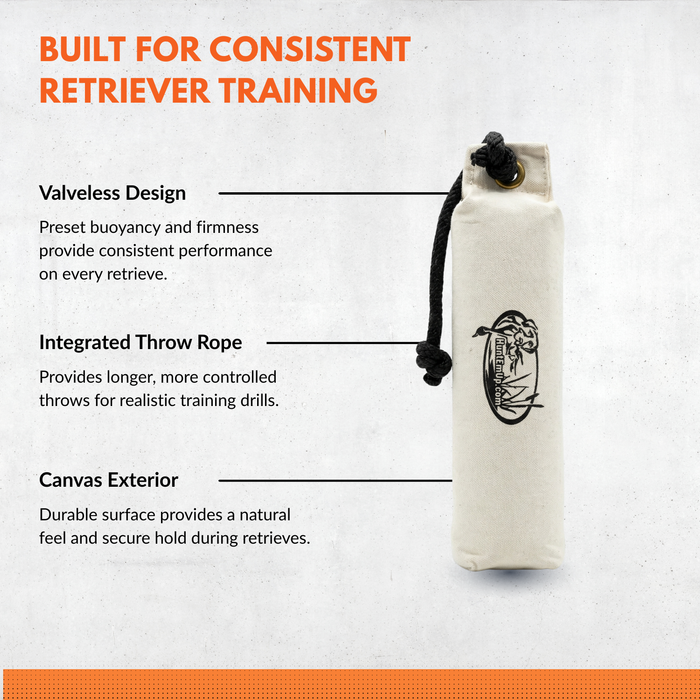huntemup white canvas training bumper with integrated throw rope, valveless design