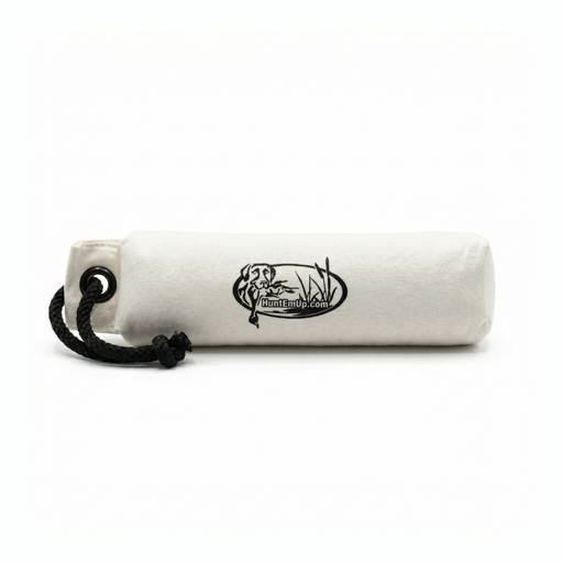 huntemup white canvas training bumper with throw rope. retriever training