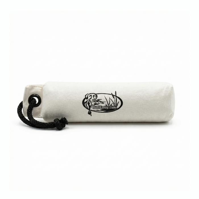huntemup white canvas training bumper with throw rope. retriever training