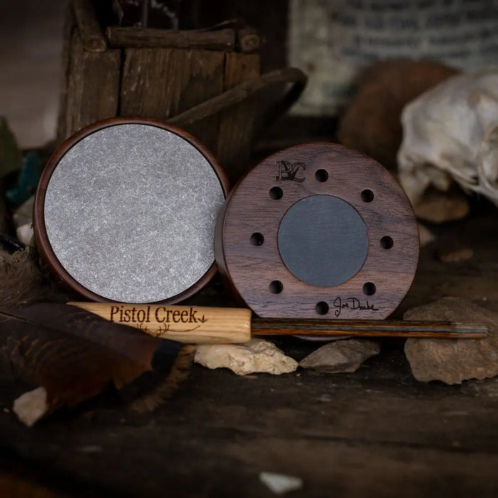 Pistol Creek Joe Drake Signature Pot Turkey Call - Stoned Aluminum/Slate on back