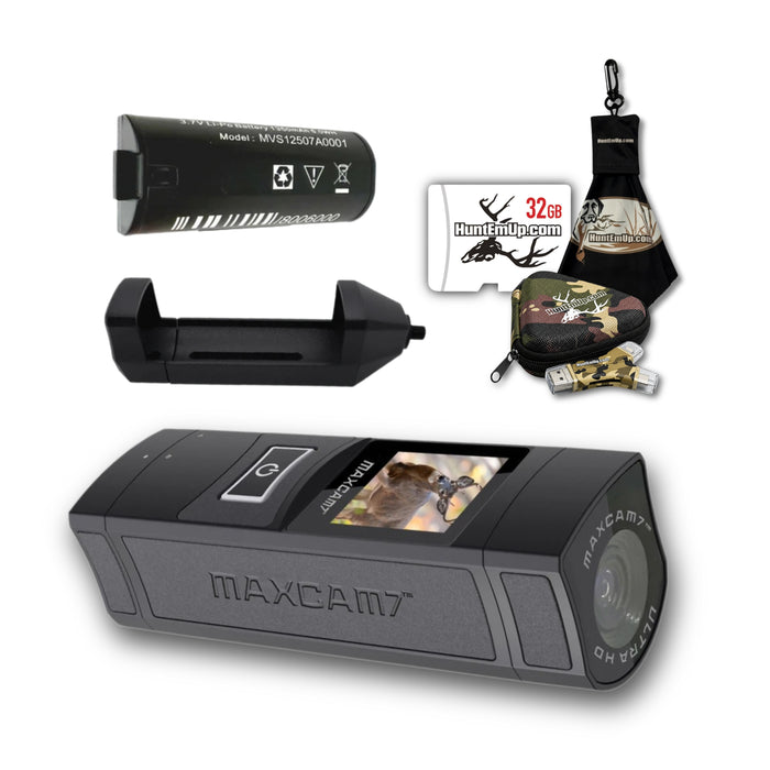 MAXVIEW MaxCam7 camera Archery bundle with rechargeable battery, stabilizing mount, huntemup 32gb sd card, card reader, case, and microfiber cleaning cloth
