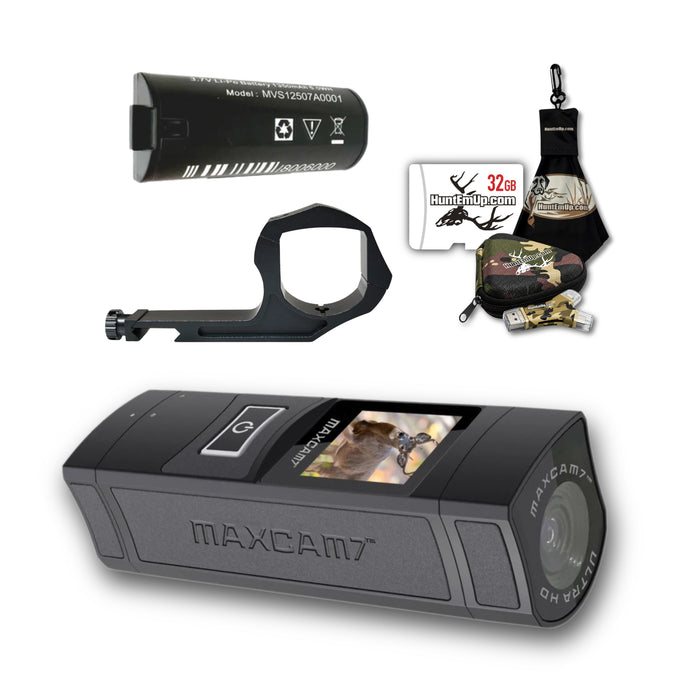 MAXVIEW MaxCam7 camera crossbow bundle with scrope rail mount, rechargeable battery, huntemup 32gb sd card, reader, case, and microfiber cloth