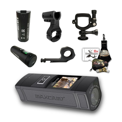 MAXVIEW MaxCam7 pro bundle with mounts, remote, battery, huntemup micro 32gb sd card, high speed reader, case, and microfiber cleaning cloth