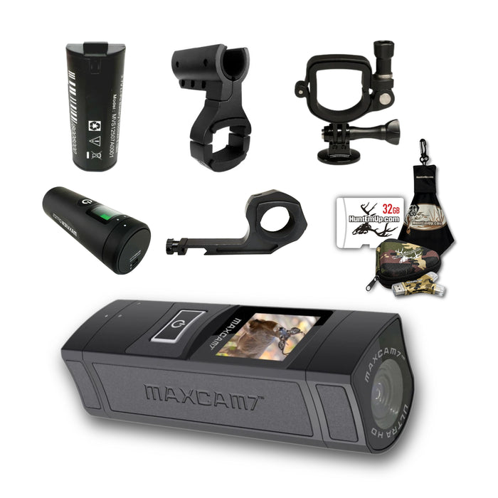 MAXVIEW MaxCam7 pro bundle with mounts, remote, battery, huntemup micro 32gb sd card, high speed reader, case, and microfiber cleaning cloth