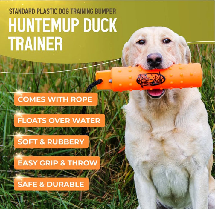 HuntEmUp Dog Training Kit - 3 in White Plastic Dog Training Bumper with Throw Rope + Mesh Bumper Storage Bag + Whistle & Lanyard