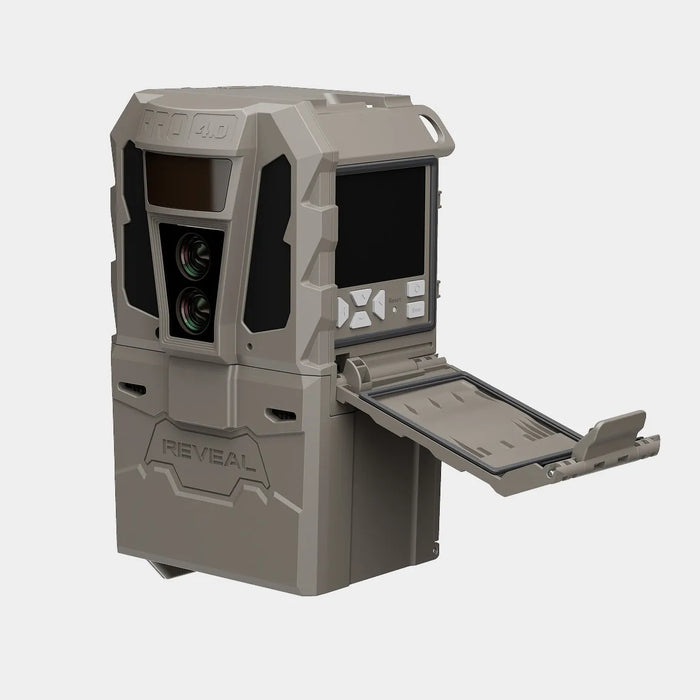 Tactacam Reveal X 4.0 trail camera with door open, screen and features