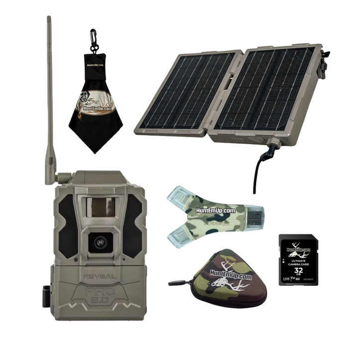 Tactacam Reveal PRO 3.0 Trail Camera with Folding Solar Panel, HEU 32GB SD Card, Reader with Case & Cleaning Cloth – HuntEmUp Solar Bundle