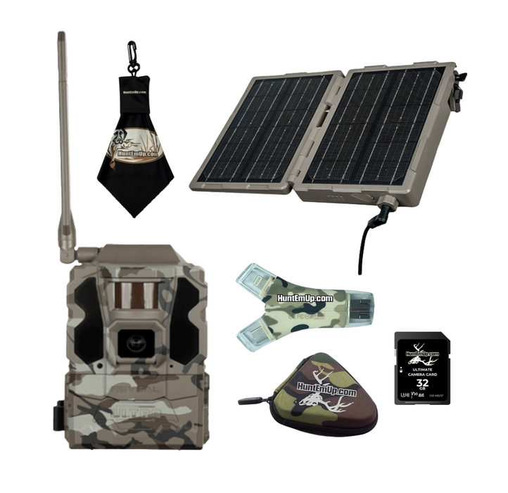 Tactacam Reveal X Ultra Trail Camera with Folding Solar Panel, HEU 32GB SD Card, Card Reader with Case & Lens Cloth – HuntEmUp Premium Solar Bundle