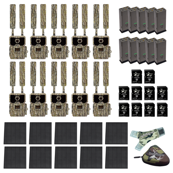 10 pack collection of WiseEye hunting camera equipment, including cameras, batteries, and straps, on a white background.