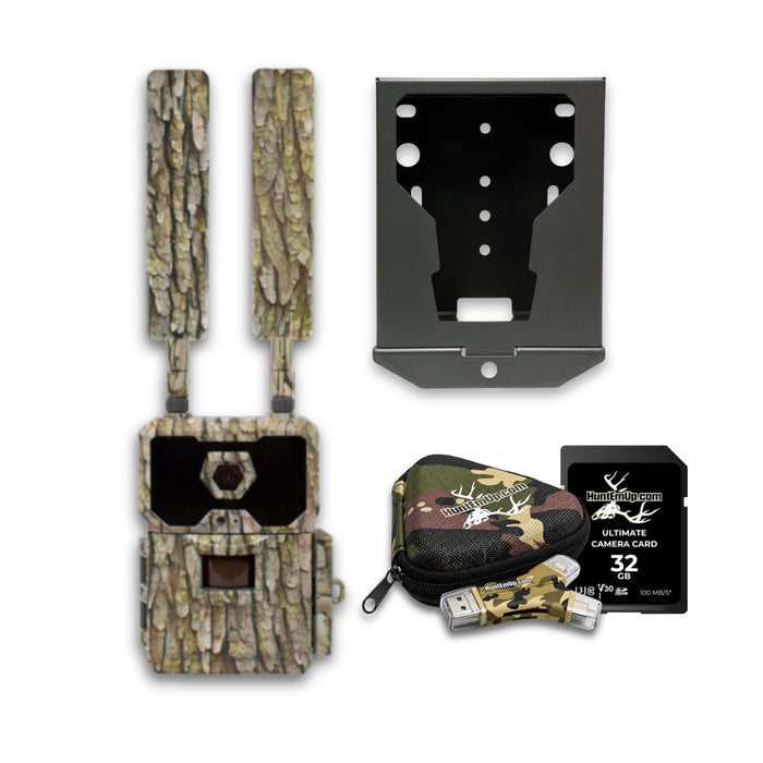 wiseeye data cam 2 game trail camera with lock box, huntemup 32gb sd card, card reader, and protective case. 