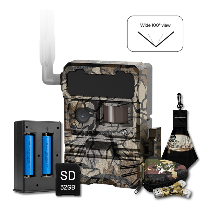yellowstone.ai Y2 wide lens trail camera bundle with battery. HuntEmUp accessories included, high speed card reader, zipper case, microfiber cloth with sd card and mounting strap