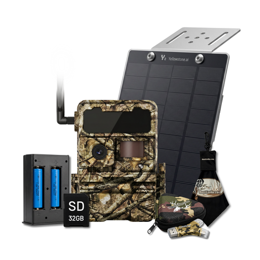 Yellowstone Y2 with solar panel, lithium battery, huntemup high speed card reader, case, and microfiber cloth. 32GB SD card is included