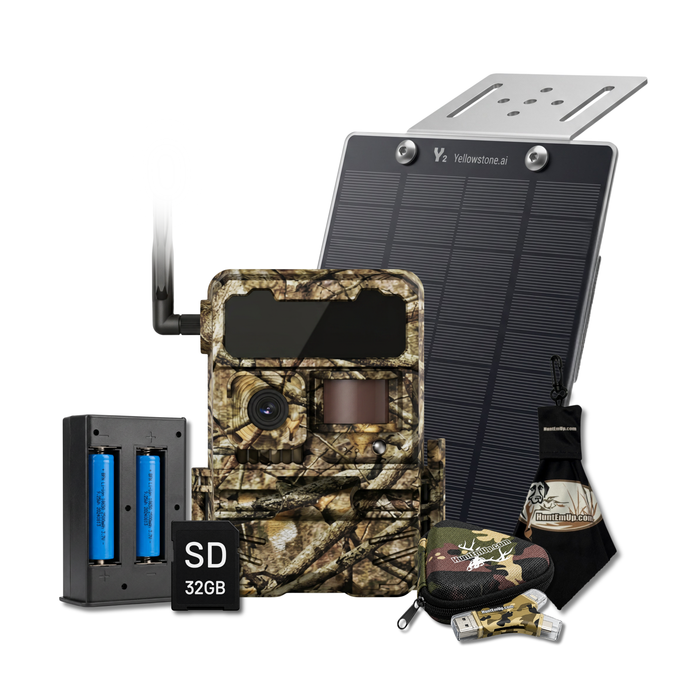 Yellowstone Y2 with solar panel, lithium battery, huntemup high speed card reader, case, and microfiber cloth. 32GB SD card is included