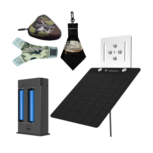 yellowstone a.i. solar power bundle with lithium rechargeable battery and huntemup high speed card reader, protective case, and microfiber lens cloth