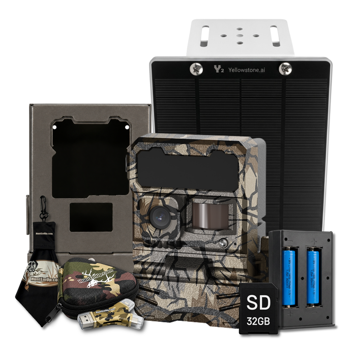 Yellowstone wide lens Y2 with solar panel, lithium battery, lock box, sd card, huntemup high speed card reader, zipper case and microfiber cloth