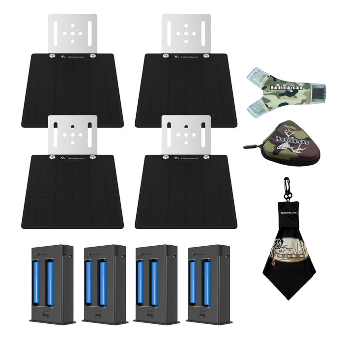 4-pack yellowstone a.i. solar power bundle with lithium rechargeable battery and huntemup high speed card reader, protective case, and microfiber lens cloth